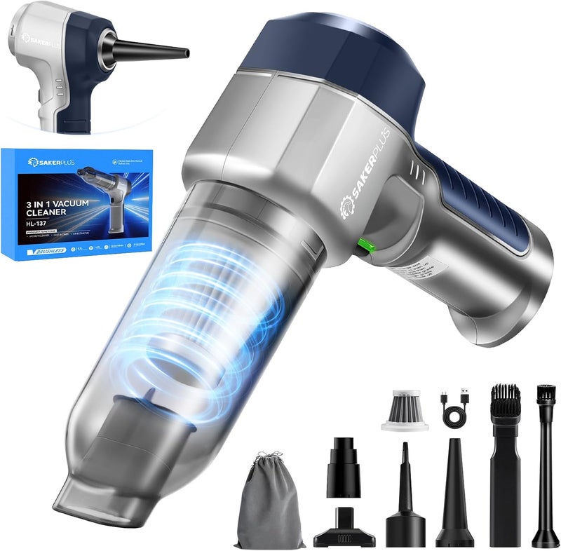 SakerPlus Mini Vacuum Cleaner, 3 in 1 Car Vacuum Cleaner High Power, 15000PA Powerful Suction, Air Duster, 7500mAh, Dual Filter,Adjustable Small Vaccum Portable Cordless for Cars,Desktop - Deep Blue - Image 1